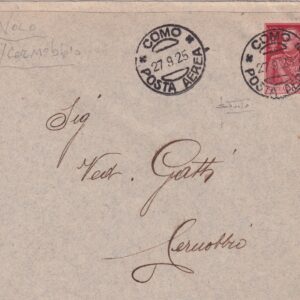 BUSTA SPEDITA PER VIA AEREA VOLO COMO - CERNOBBIO 1925 CERT. SOTTORIVA