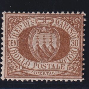 San Marino 1877 Stemma 30 cent Sassone n° 6 MNH CERT. DIENA