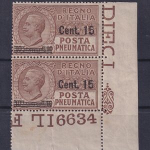ITALIA REGNO 1924 POSTA PNEUMATICA MNH CON NUMERO DI TAVOLA CERT. DIENA