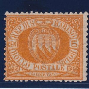 SAN MARINO 1877 5 CENTESIMI GIALLO MNH CERT. DIENA