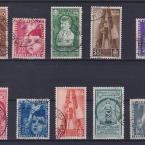 1937 ITALIA MOSTRA COLONIE ESTIVE 10 VALORI CERTIFICATO SOTTORIVA