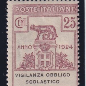 REGNO 1924 VIGILANZA OBBL. SCOLASTICO 25c. lilla bruno MNH CERT. RAYBAUDI