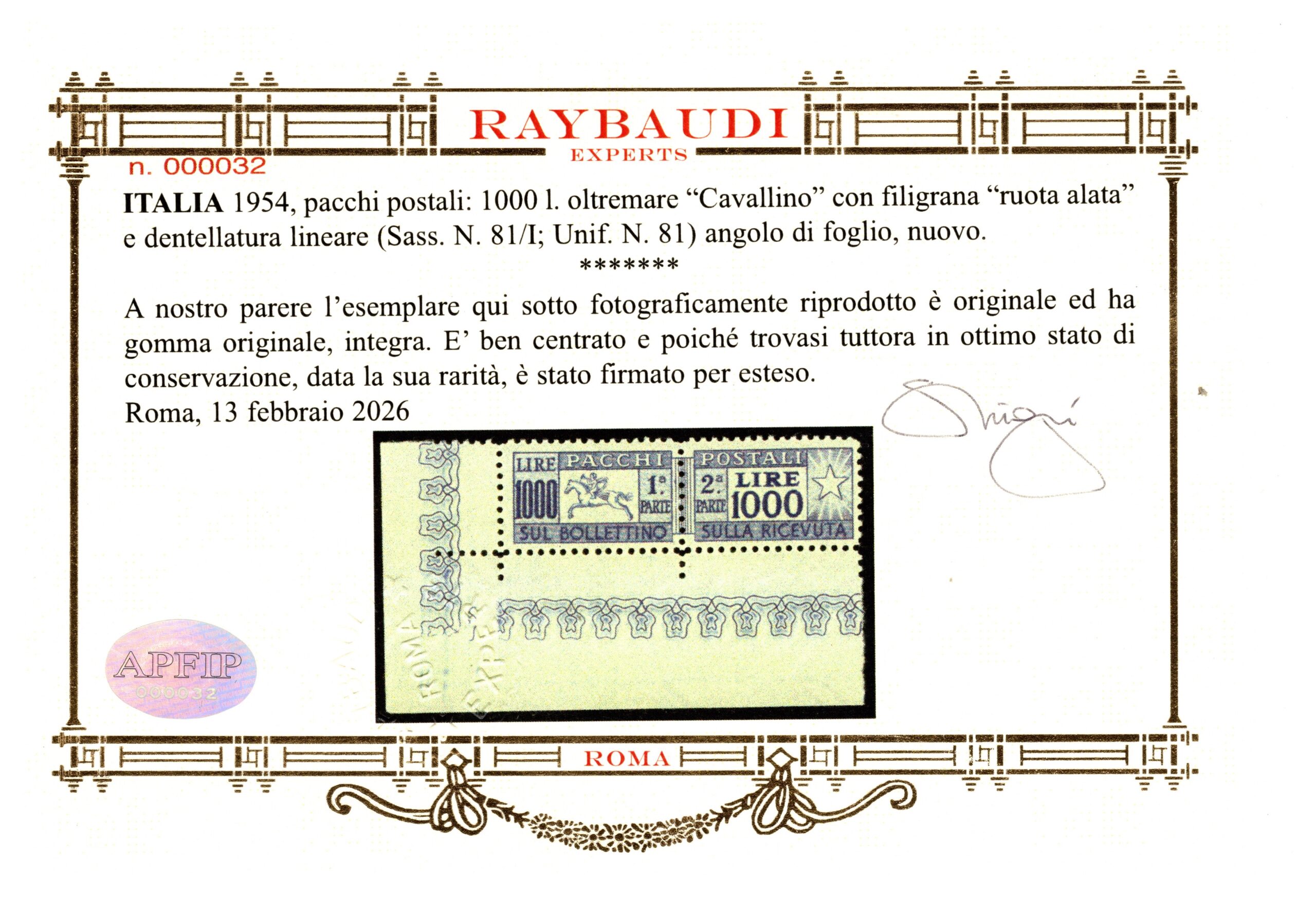 Francobollo Repubblica Italiana Cavallino Ruota Alata 1000 lire MNH cert. Raybaudi - immagine 3