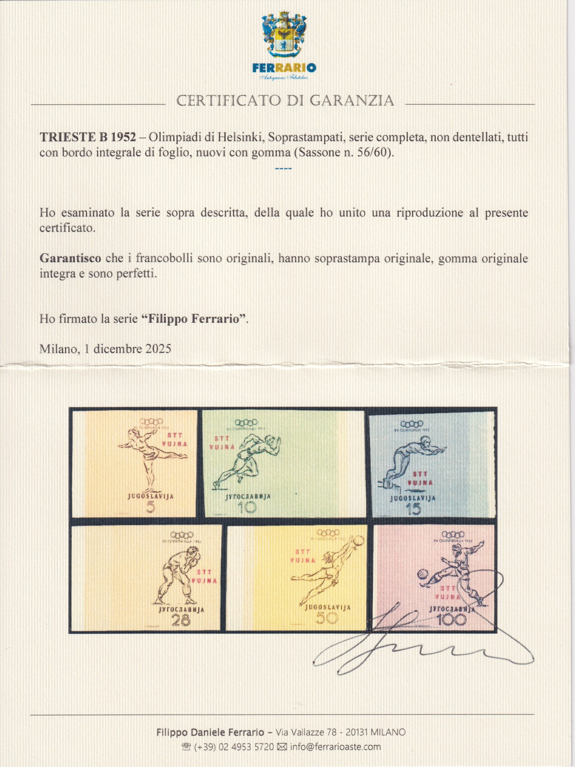 TRIESTE 1952 OLIMPIADI HELSINKI NON DENT. B.D.F. M.N.H. CERT. FERRARIO-BIONDI-RAYBAUDI - immagine 3