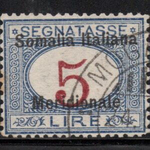 REGNO - SOMALIA SEGNATASSE 5 LIRE - 1906 - ANNULLATO - cert. Sottoriva